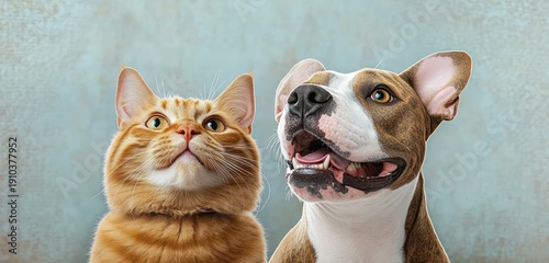 ginger tabby cat and brown and white dog looking up together with curious joyful expressions against a soft blue background