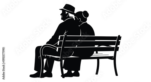 A tender moment of an elderly couple sitting on a park bench captured in a striking black silhouette on transparent background