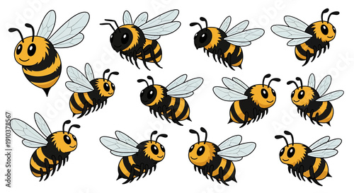 A delightful collection of charming cartoon bees in various playful poses, showcasing their friendly character, ideal for whimsical nature-themed designs and kids' projects