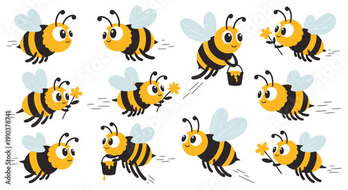 Collection of cute cartoon bees performing various actions, like flying and collecting nectar, with a clean white background