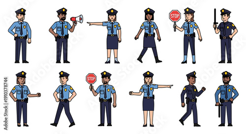 Flat vector illustrations of diverse police officers in uniform, engaged in law enforcement activities like traffic direction, public communication, and maintaining order