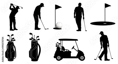 Comprehensive Golf Activity Silhouettes Collection Dynamic Players, Essential Equipment, and Course Elements for Sports Design and Recreation Graphics