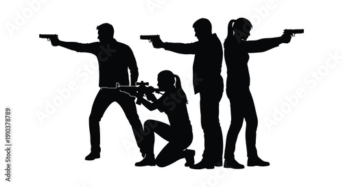 A group of four figures aiming firearms presenting a dynamic action scene on transparent background silhouette high quality professional detailed modern
