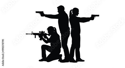 A dynamic black silhouette of three figures wielding firearms showcasing action and intensity on transparent background high quality professional detailed modern