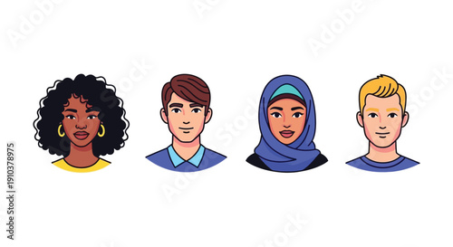 Diverse group of four illustrated faces showcasing different ethnicities and styles on transparent background silhouette high quality professional detailed modern elegant