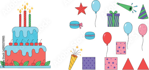 Birthday party celebration illustration set with cake, candles, balloons, gifts, confetti, hats, and festive decorative elements in colorful vector style