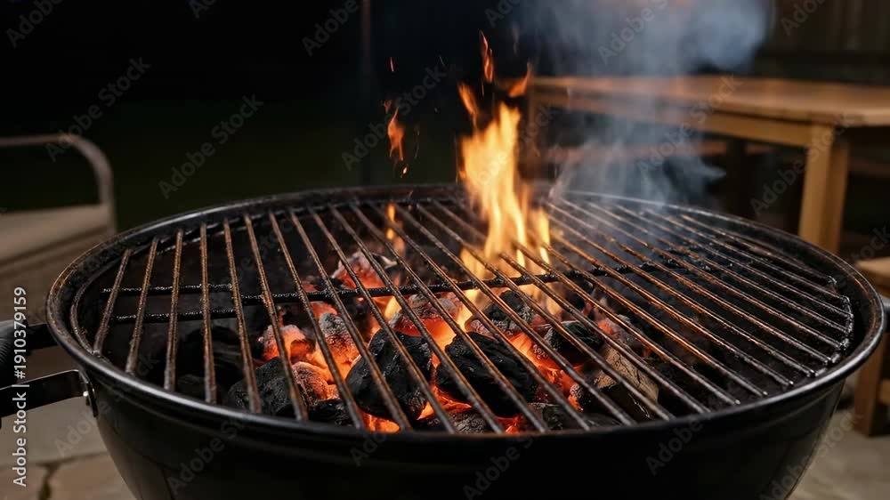 custom made wallpaper toronto digitalrealistic flames. A close-up view of a charcoal grill with flames dancing and smoke rising, set against a dark background, suggesting a lively outdoor cooking atmosphere