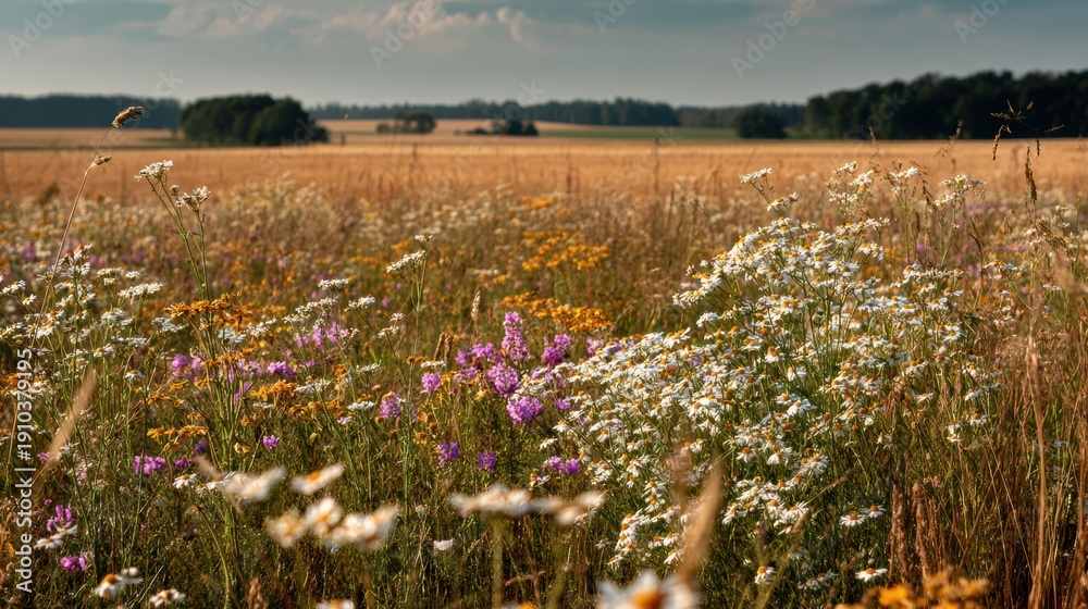 Fototapeta premium Golden hour wildflower field at sunset, silhouettes of stems and umbels and warm amber tones, distant harvesting implied beyond meadow edge, nostalgic rural mood and seasonal transition from bloom