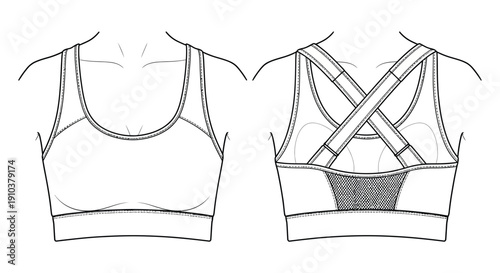 Technical fashion illustration of a sports bra design showcasing front and back views on transparent background silhouette high quality professional detailed