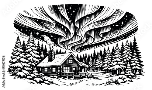 Hand drawn line art illustration of a log cabin in a snowy forest depicting the aurora borealis for winter and holiday designs