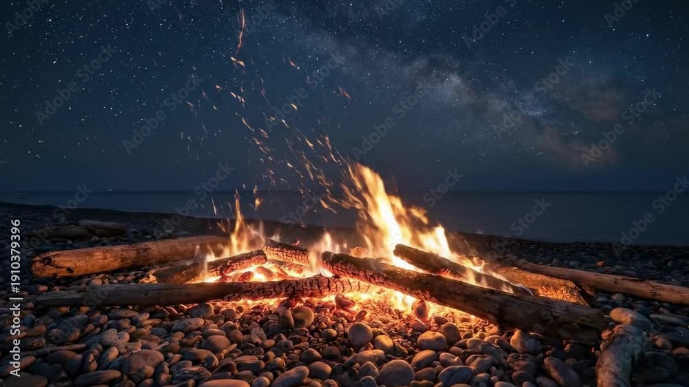 custom made wallpaper toronto digitalrealistic flames. A serene nighttime beach scene featuring a roaring campfire surrounded by smooth stones, with a starry sky and the Milky Way brightly illuminating the darkness