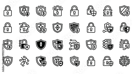 Collection of security icons including locks and shields.