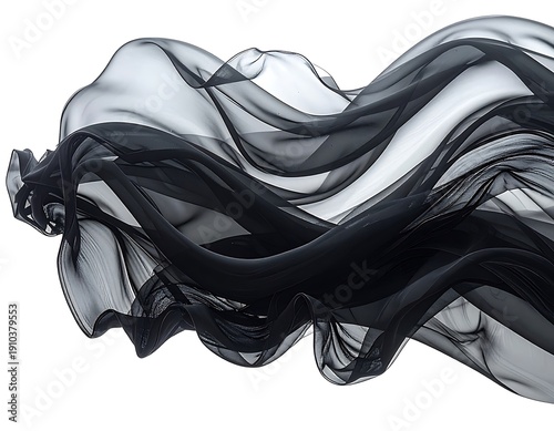 Elegant black fabric floats against a stark white background, creating a mesmerizing, flowing, airy form
