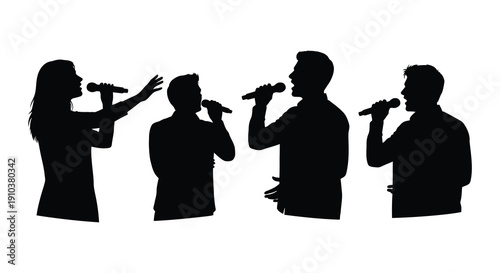 A black silhouette of four people singing with microphones showcasing a musical performance on transparent background high quality professional detailed modern