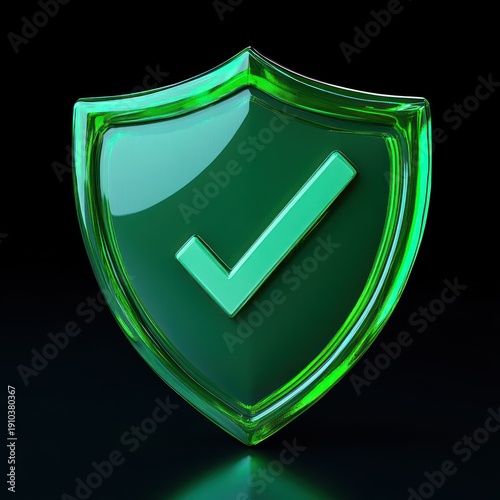 glossy green 3d shield with check mark on dark background conveying trust and security