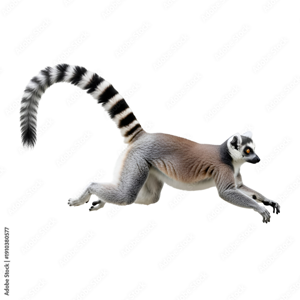 Fototapeta premium Ring-tailed Lemur Leaping Isolated on White Background , Isolated on Transparent Background 