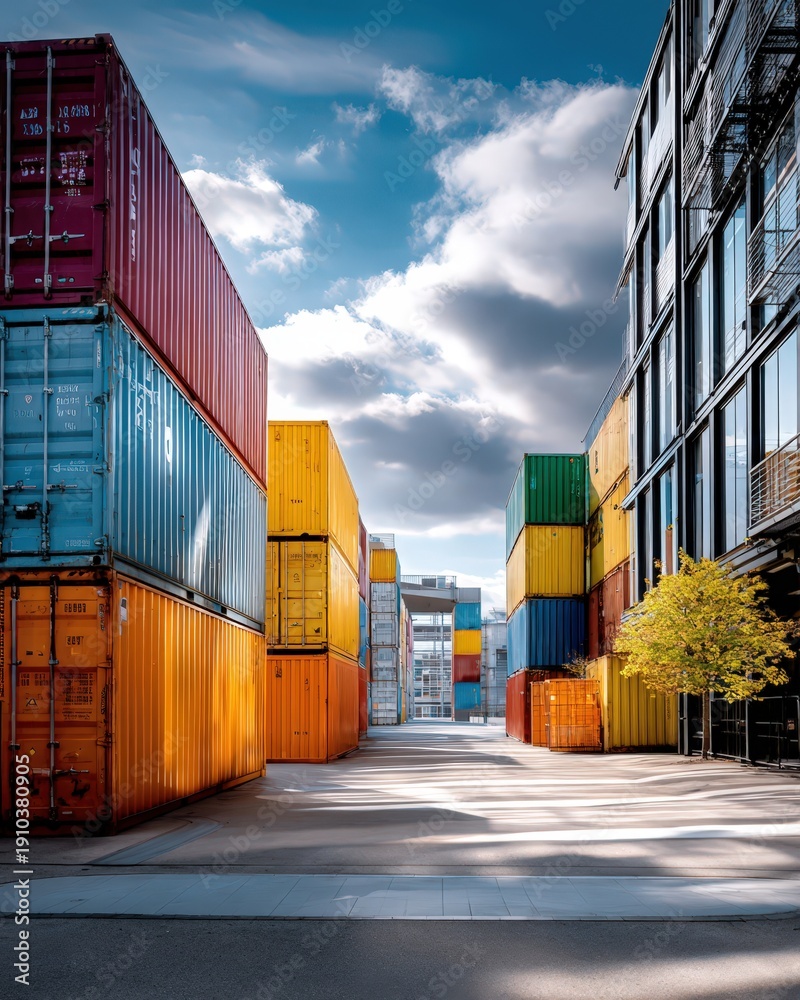 Fototapeta premium Stacked shipping containers symbolizing global trade and logistics