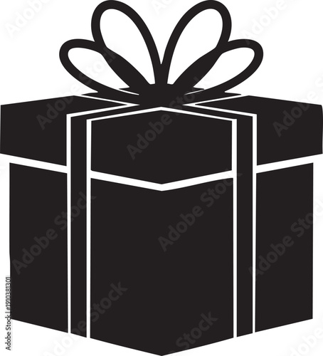 Simple black gift box with geometric white ribbon and unique bow shape