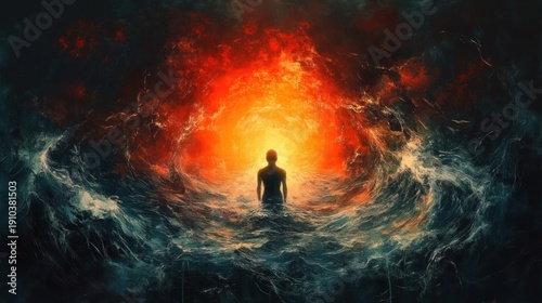 solitary silhouette standing in turbulent ocean waves facing a blazing orange vortex of light, dramatic confrontation and awe