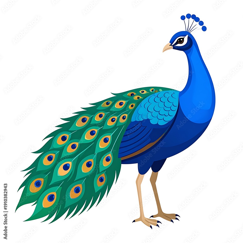 Obraz premium Elegant vector art of a blue peacock with vibrant tail feathers, isolated on a white background