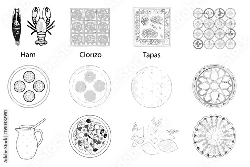 A collection of black and white illustrations depicting food and patterned designs