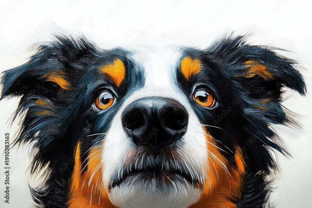 Obraz premium close-up painted tricolor dog face with large black nose, amber eyes and textured brushstroke fur, curious attentive and hopeful expression on a white background