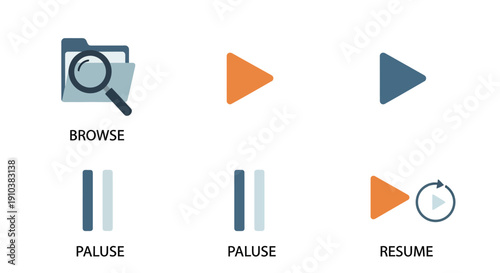 Collection of six simple flat design icons for digital interfaces.