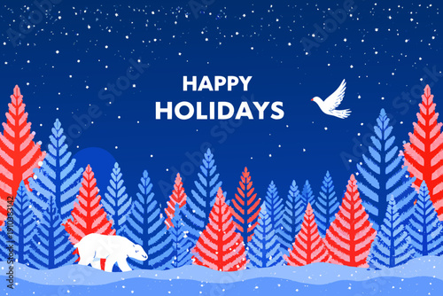 Festive holiday scene with pine trees a polar bear and a flying bird