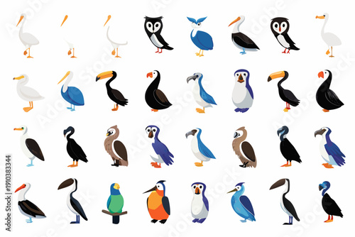 Collection of colorful cartoon birds including puffins penguins and toucans
