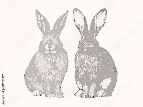Two grey rabbits sit facing forward in a simple illustration