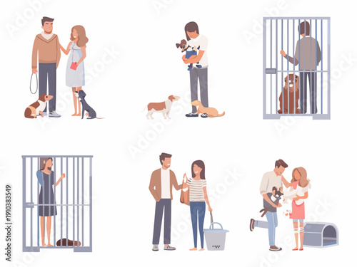 People interacting with dogs in various adoption scenarios and enclosures