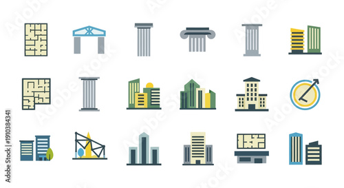 Collection of various architectural elements and building designs.