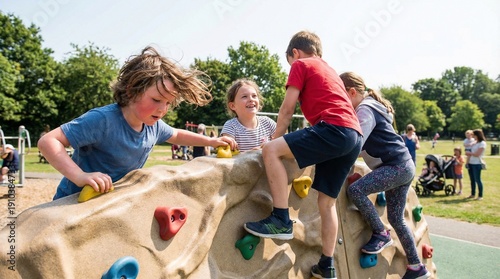 Kids climbing on a rock wall in a sunny park playground  