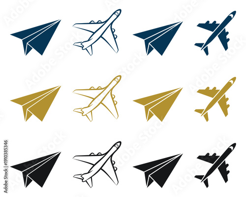 Paper airplane and jet aircraft silhouette icon