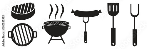 BBQ Grill Icon Set – Barbecue and Outdoor Cooking Symbols Vector EPS, Barbecue Equipment Icon Set – Grill and Fire Cooking Signs