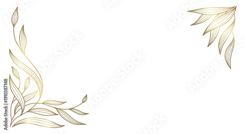 Frame with golden line art branches and leaves. Abstract floral background. Corner decor. Vector illustration
