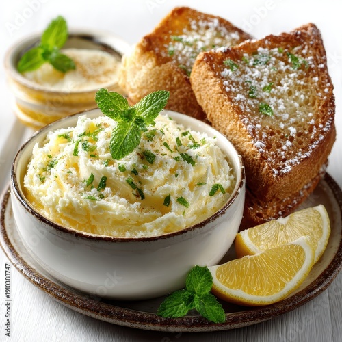 Delicious French Toast with Lemon, Butter and Fresh Mint Garnish