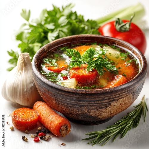 Vegetable Soup with Carrots, Potatoes, and Herbs in a Rustic Bowl
