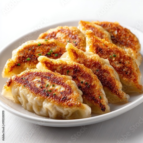 Delicious Pan-Fried Gyoza Dumplings on White Plate, Asian Cuisine
