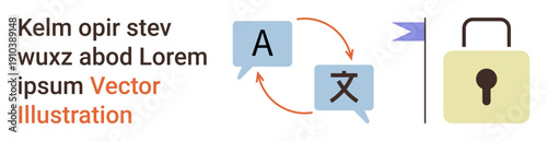 Language learning, bilingual communication, data security, encryption, translation services, secure communication. Speech bubbles translation between languages. Data security and bilingual