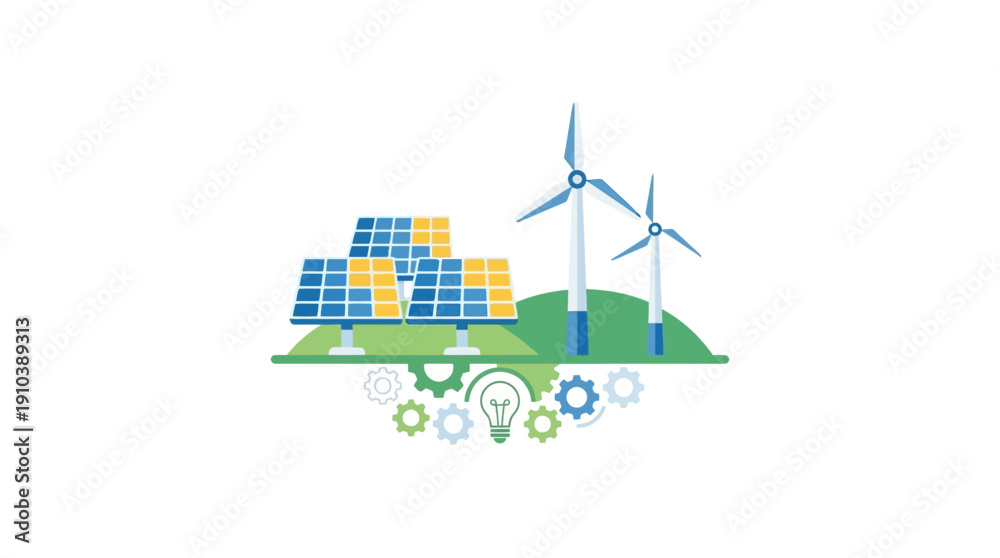 Fototapeta premium Renewable Energy Sources Solar Panels and Wind Turbines Illustrate Sustainable Power Generation