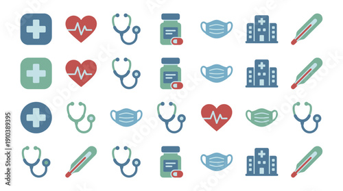 Modern flat style medical health care vector icons set, featuring essential symbols like stethoscope, hospital, mask, and heartbeat, for digital use