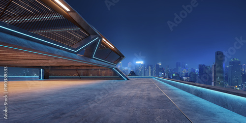 Wallpaper Mural 3d render concrete rooftop platform overlooking futuristic city at night Torontodigital.ca