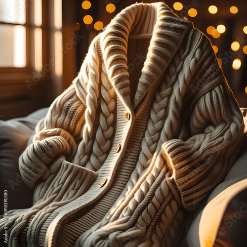 Warm beige oversized chunky cardigan with thick cable knit.