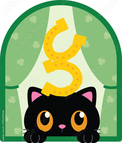 Lucky Black Cat with Golden Horseshoe and Shamrocks for St. Patrick's Day