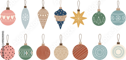 Christmas tree ornaments illustration set with hanging baubles and festive decorations in pastel and rustic styles for winter holiday design projects