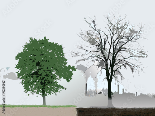 Contrasting trees and industrial pollution a visual depiction of environmental impact