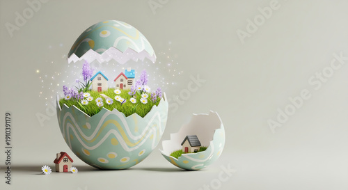 Decorative Easter egg with miniature houses and flowers inside  