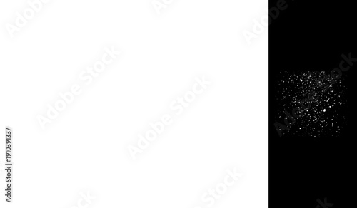 Foto Abstract black and white visual effect overlay featuring scattered bright white particles resembling snow dust or fine powder against a stark dark background providing high contrast texture