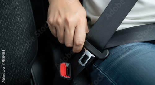 Person fastening seat belt in car, safety and responsible driving in vehicle interior